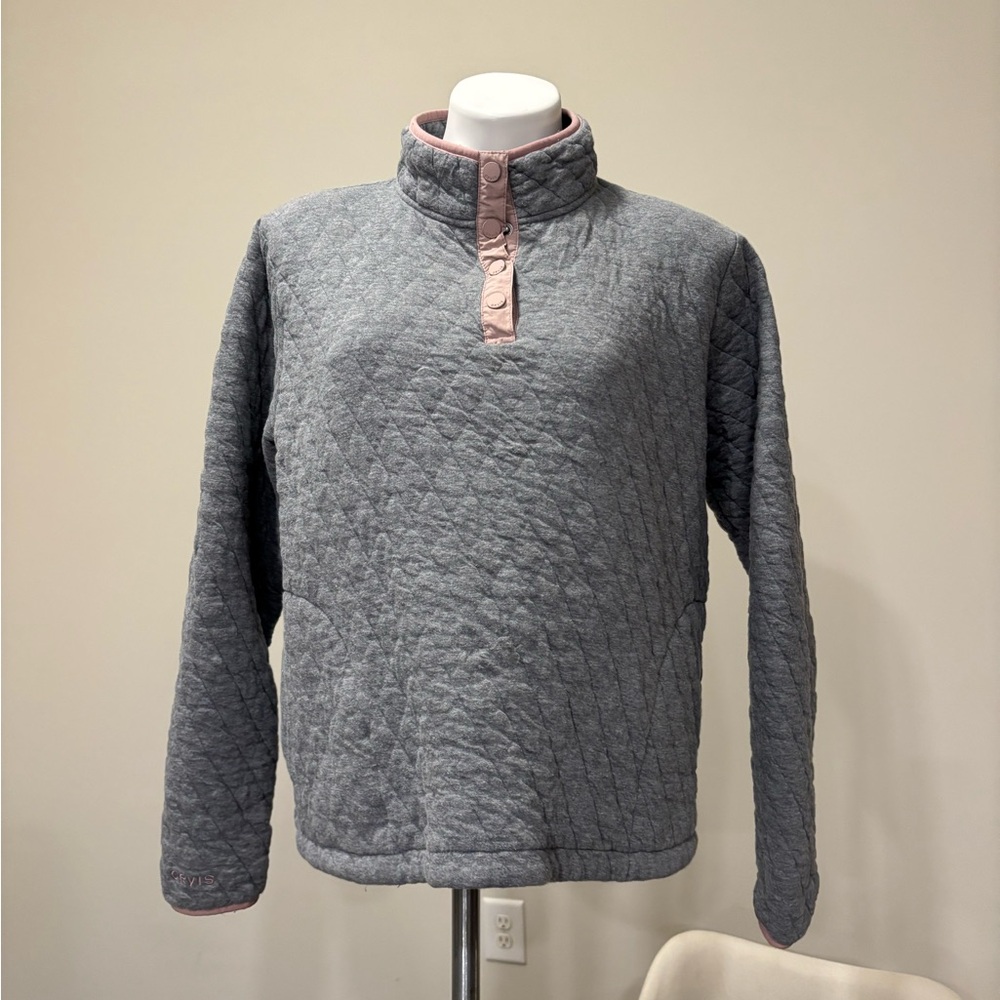 Orvis Gray Quilted 100% Cotton Sweater with Pink Accents